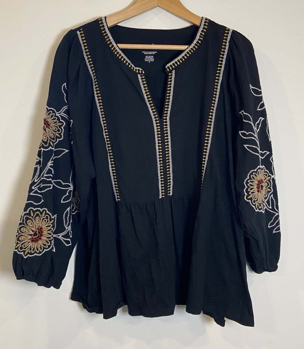J.Jill Pure Embroiderd Mixed Media Shirt Boho Puff Sleeve Black Cream Tan 2X